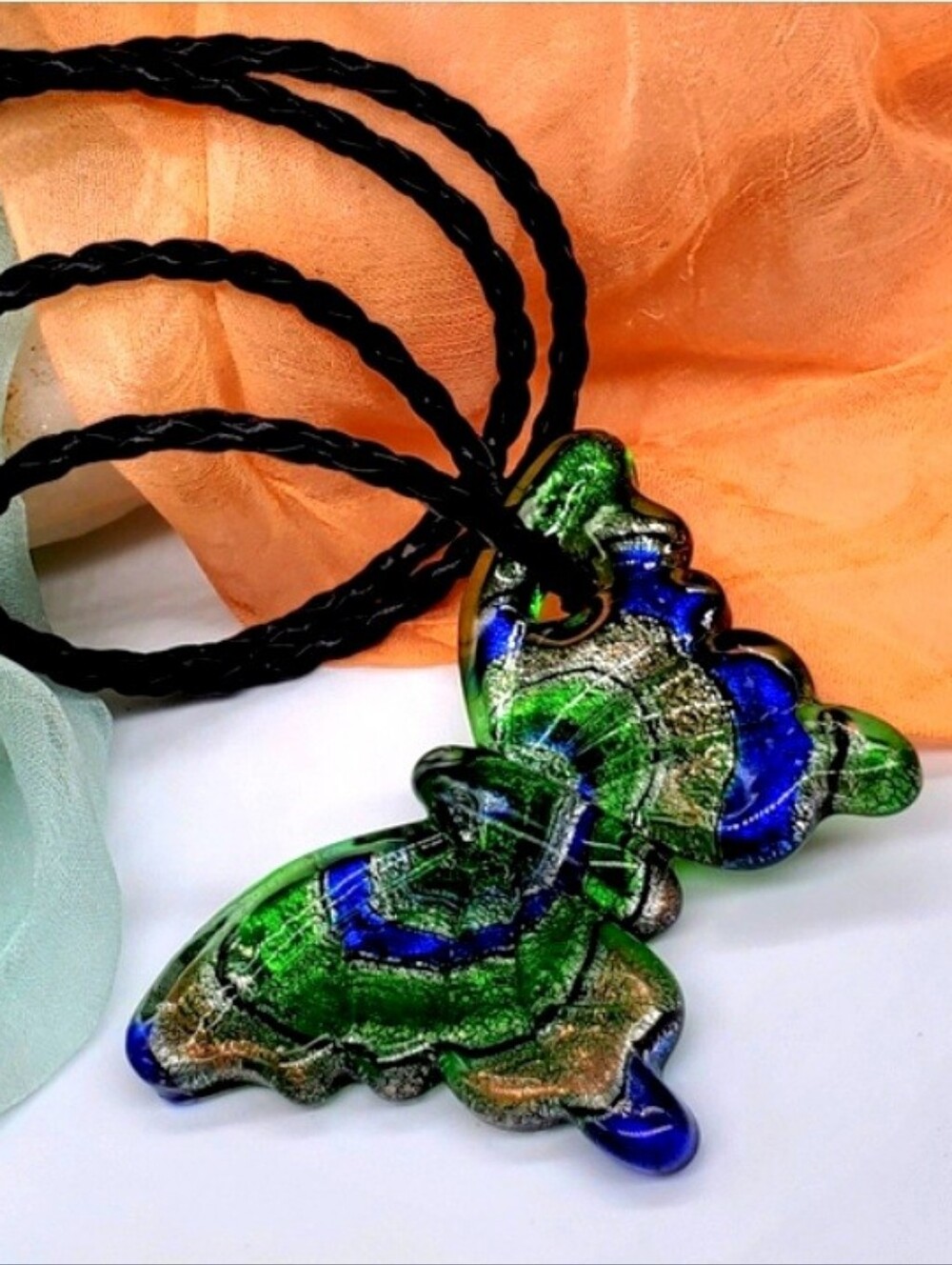 ❤️ Boho Necklace Black Cord Green Blue Glass Golden Butterfly Hypoallergenic